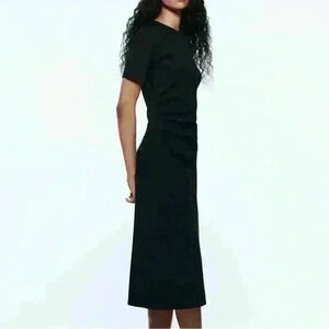 Zara Black Midi Short Sleeve Ruched Size small Women’s Dress